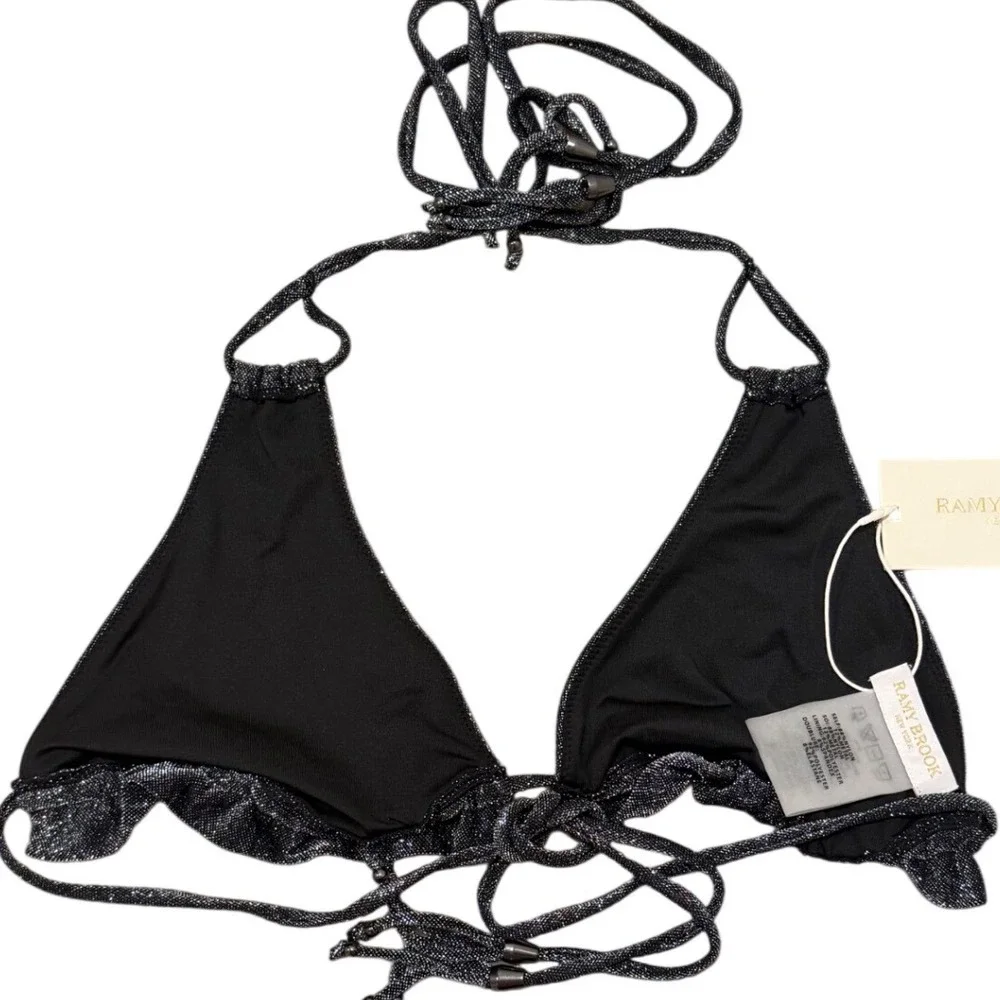 Ramy Brook Luxury Swimwear Bikini Top Women Medium Black Metallic Ruffle Halter